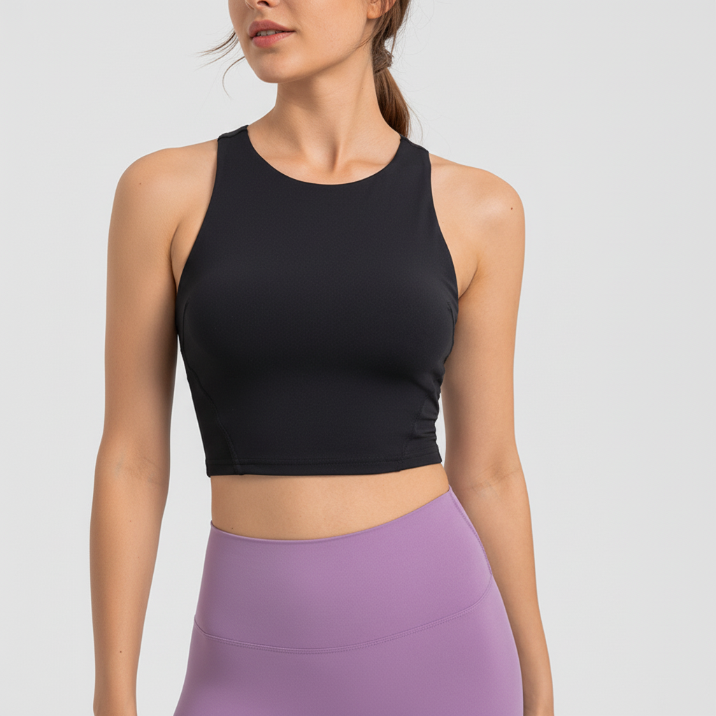 Comfortable women's supportive workout top with removable pads, essential for active fitness.