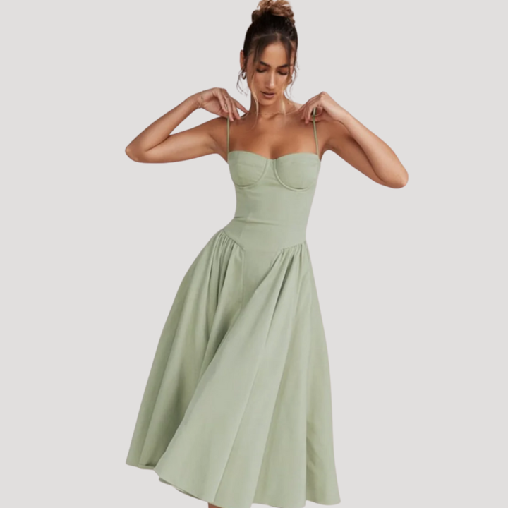 Women's sweetheart corset bodice midi dress with full A-line skirt. Elegant formal & party wear.