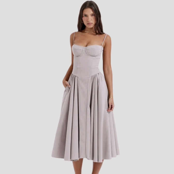 Women's prom midi dress, elegant sweetheart corset bodice and full A-line skirt. Special occasion.