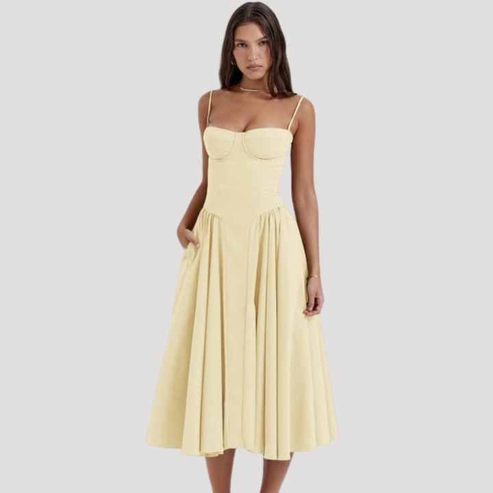 Sophisticated gala midi dress, strappy with sweetheart corset bodice & flowing A-line skirt. Formal.
