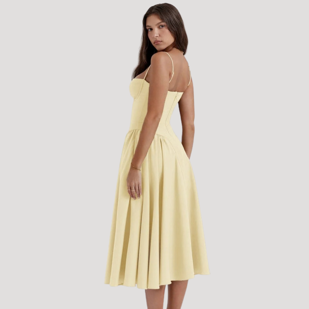 Fashionable women's midi dress, sweetheart corset bodice, A-line skirt. Ideal for feminine style.