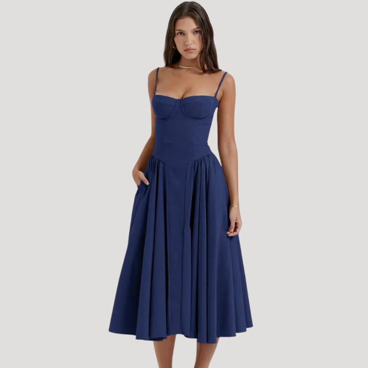 Elegant women's midi dress for formal events, prom, or special occasions. Sweetheart corset bodice.