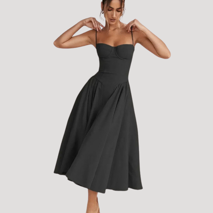 Structured corset bodice midi dress, creating a flattering silhouette with an elegant A-line skirt.