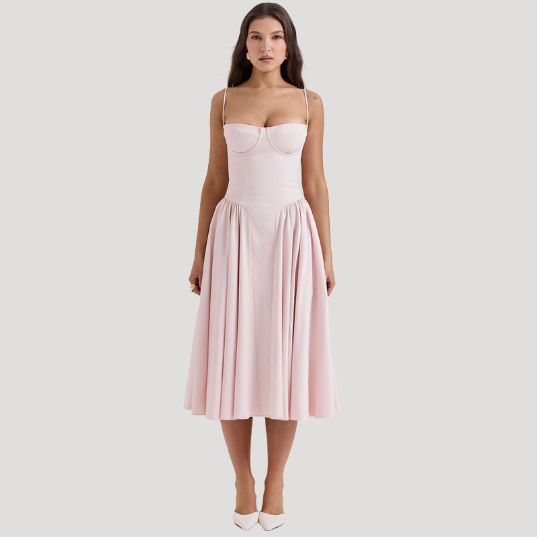 Full A-line skirt midi dress, perfect for elegant movement at galas and formal evening events.