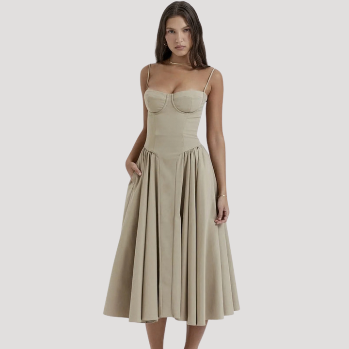 Women's formal midi dress with sweetheart corset bodice & graceful A-line skirt. Special occasion.