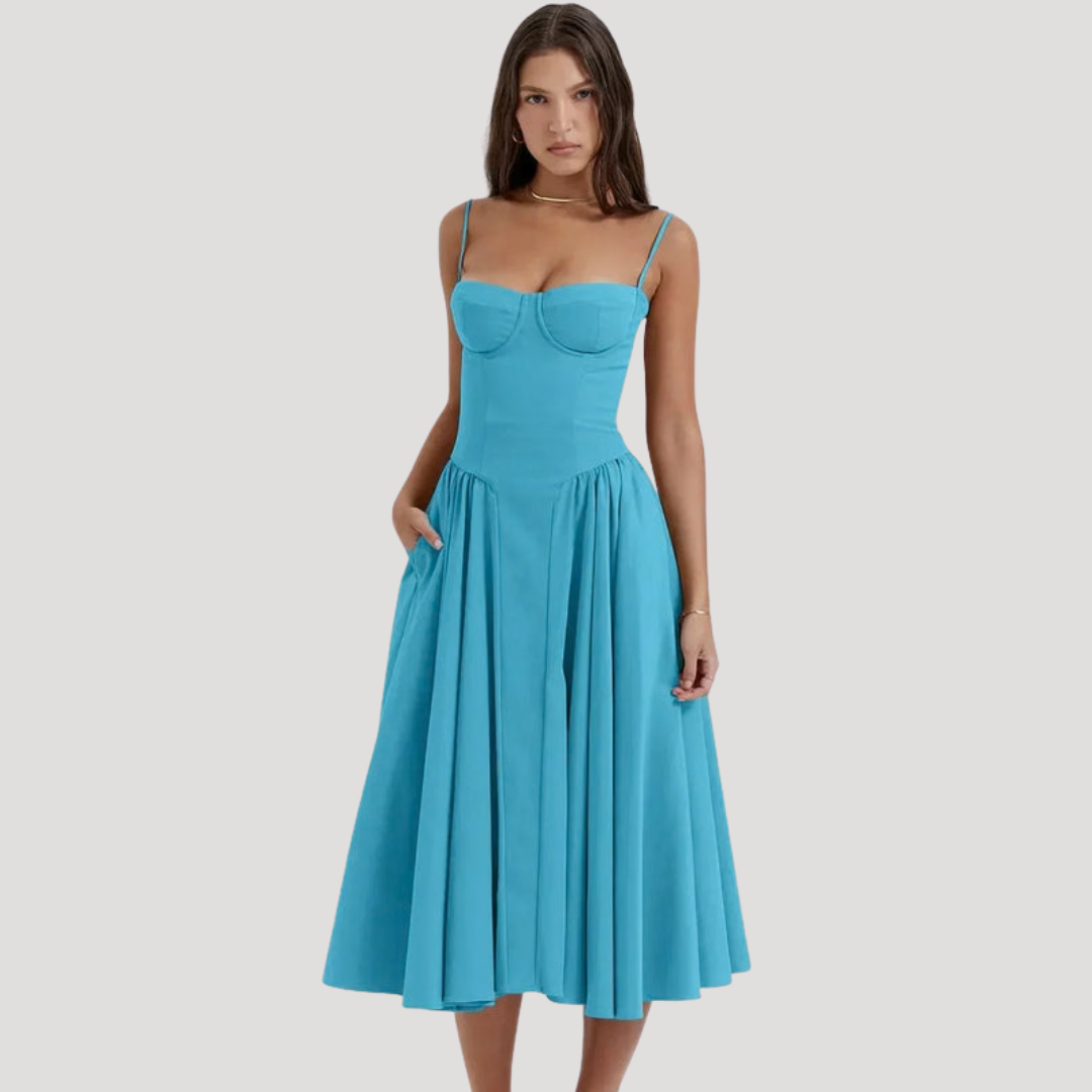 Stylish women's party midi dress featuring a sweetheart corset & full A-line skirt. Feminine fashion.