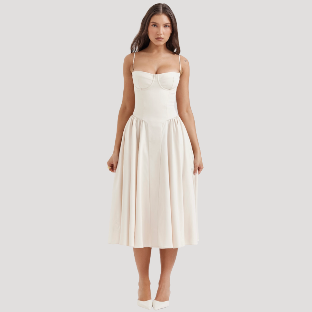 Elegant evening gown midi dress with a sweetheart corset bodice and flowing A-line skirt for women.