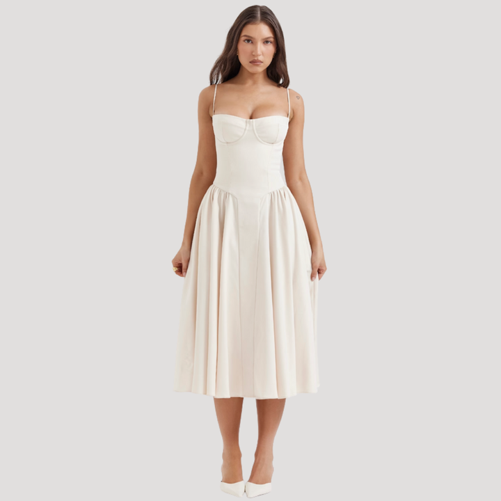 Elegant evening gown midi dress with a sweetheart corset bodice and flowing A-line skirt for women.