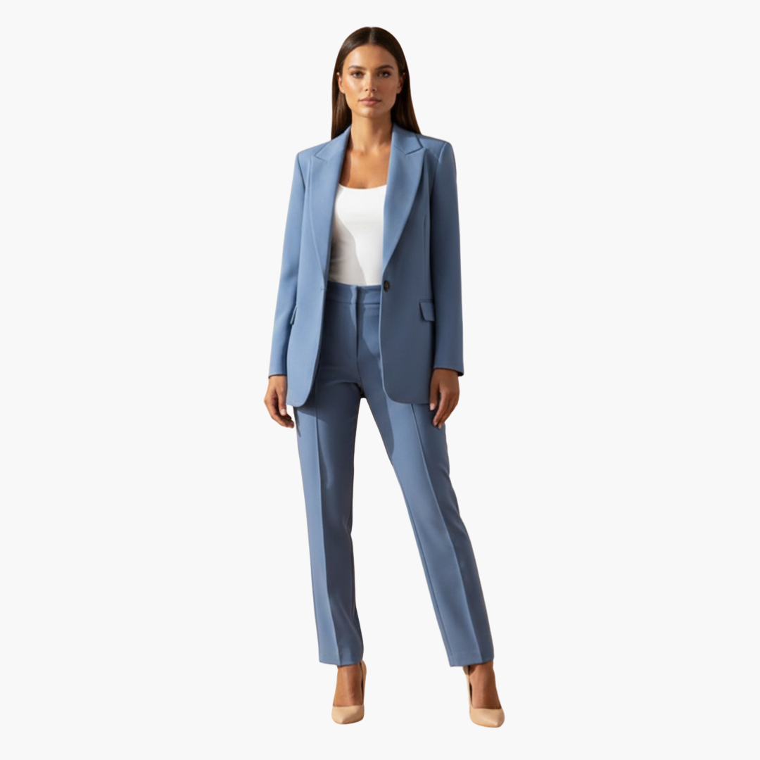 Women's tailored blazer and pants suit with classic lapels, ideal for professional office wear.