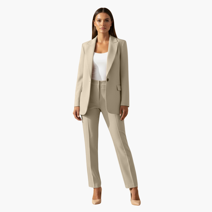 Elegant women's tailored suit, a two-piece blazer and pants set for formal and business attire.