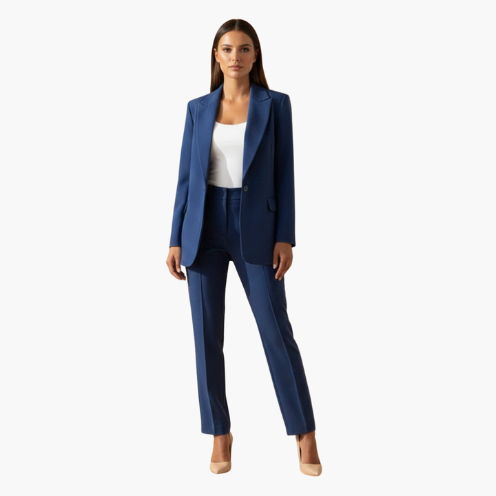 Professional women's business suit: tailored blazer, matching pants. Perfect for interviews & office.