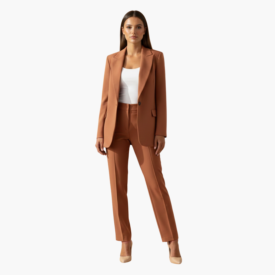 Formal women's tailored suit with blazer and pants, perfect business attire for important meetings.