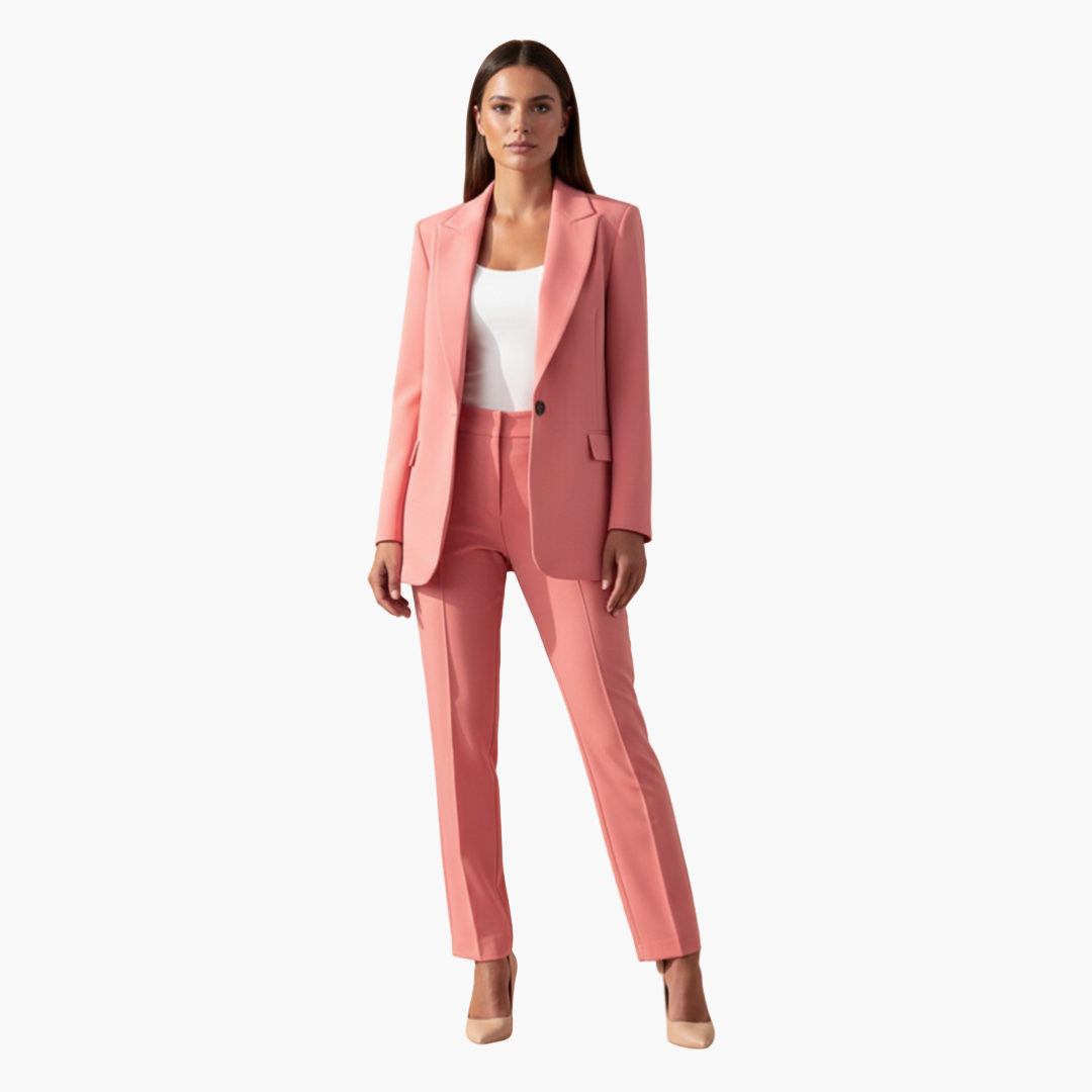 Stylish women's tailored suit featuring a classic lapel blazer & matching pants for a polished look.