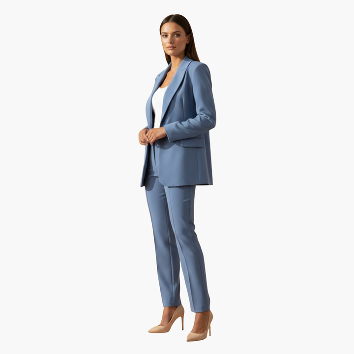 Modern women's tailored suit, two-piece blazer and pants set, ideal for sophisticated office fashion.