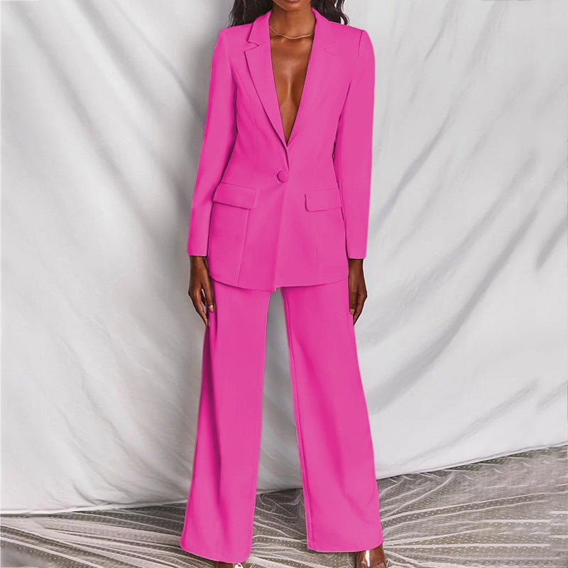 Stylish women's matching blazer and trousers set, a chic and professional ensemble.