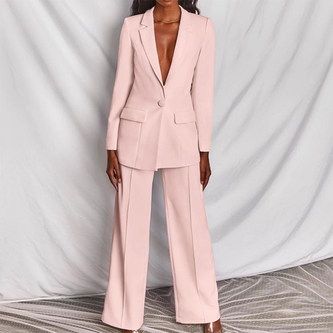 Chic women's tailored fashion set with blazer & trousers, ideal for office or events.