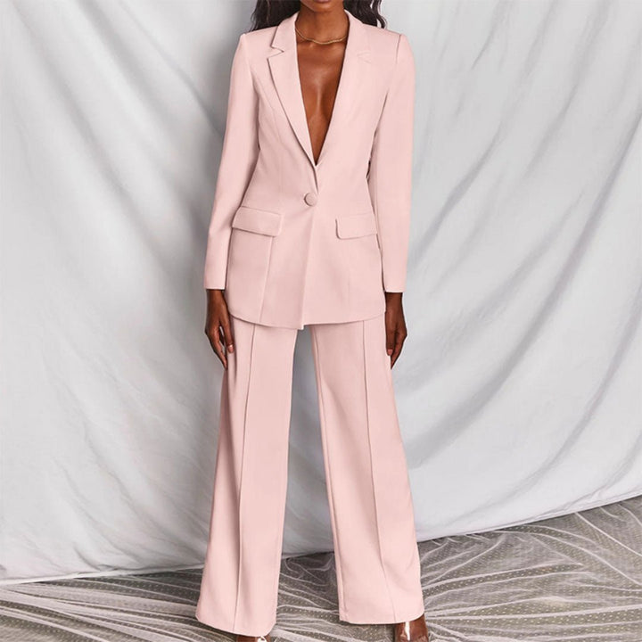 Chic women's tailored fashion set with blazer & trousers, ideal for office or events.