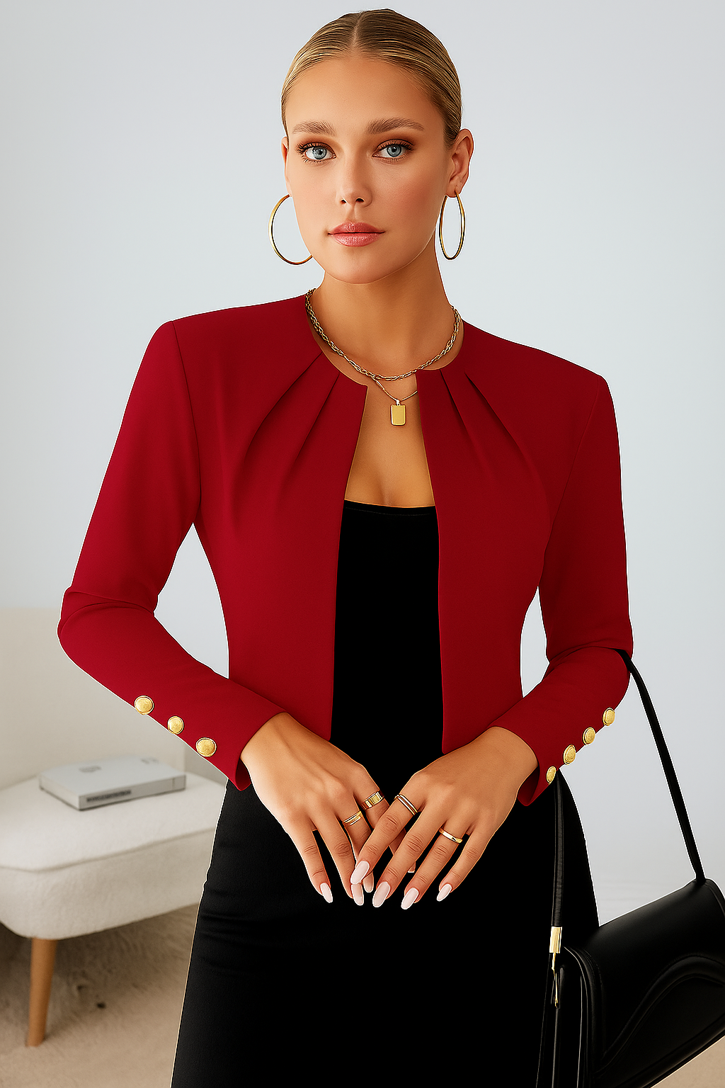 Elegant women's tailored cropped blazer, perfect professional attire for a chic modern look.