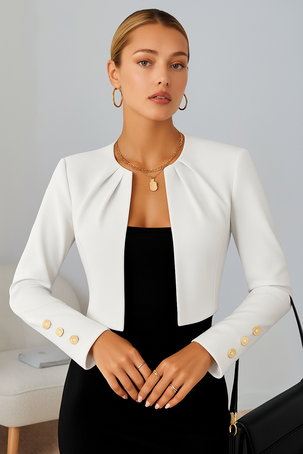 Denise tailored cropped blazer for women, a modern and elegant business jacket for office wear.