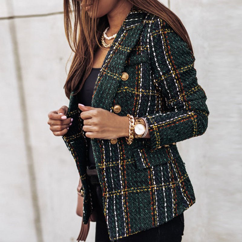 Women's tailored double-breasted blazer with gold buttons, perfect for office or evening wear.