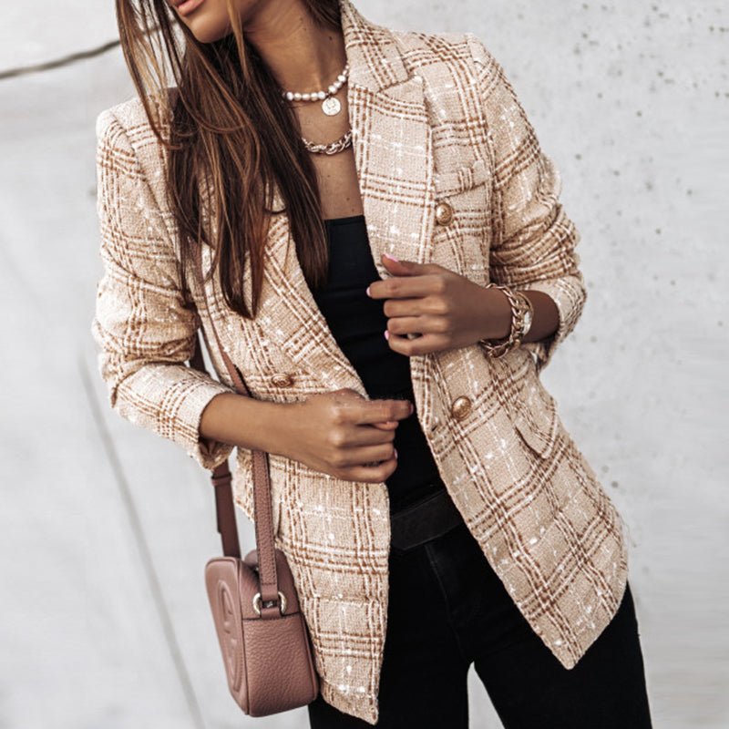 Sophisticated women's plaid tailored blazer, double-breasted with elegant gold buttons.