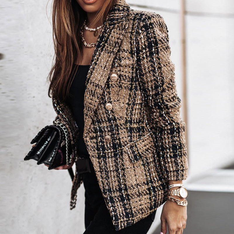 Versatile women's structured blazer featuring double-breasted design and gold buttons for chic office fashion.