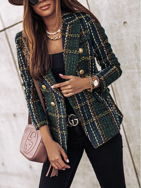 Stylish women's double-breasted blazer with gold buttons, ideal for professional office or elegant evening wear.