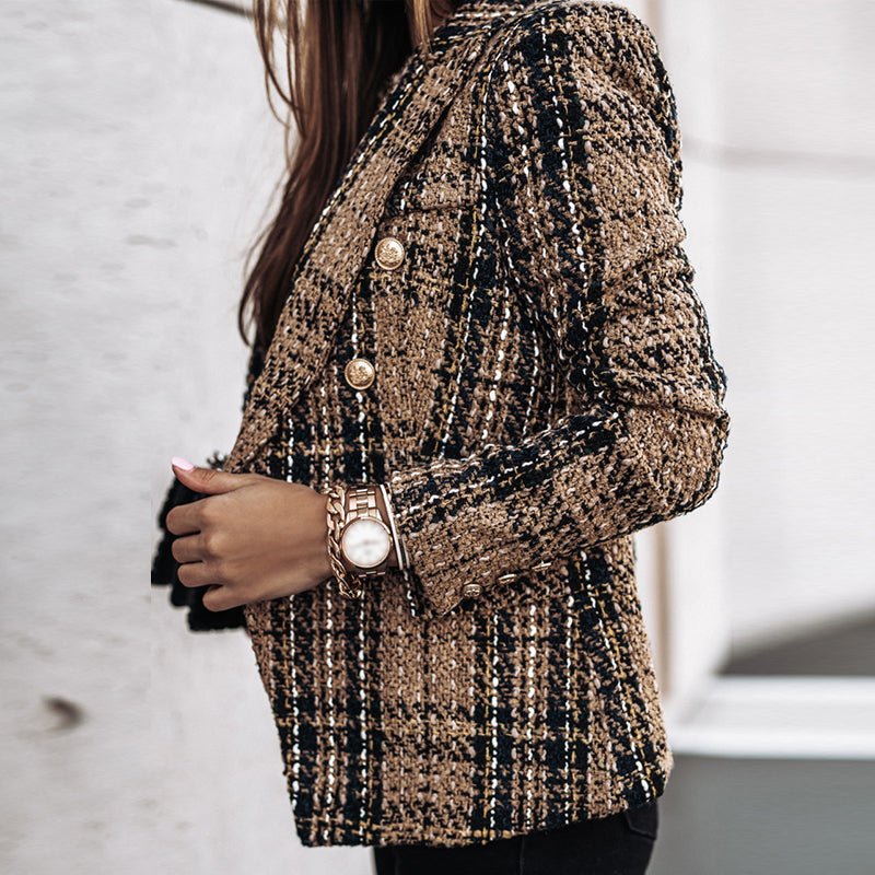 Classic women's tailored double-breasted blazer with shining gold buttons, a versatile and sophisticated jacket.