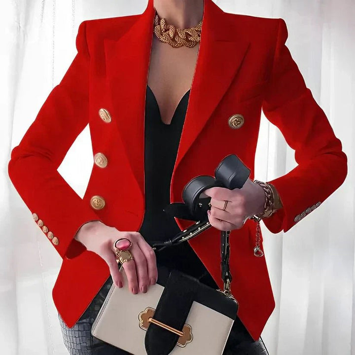 Professional women's workwear blazer, tailored fit, double-breasted with striking gold buttons, office ready.