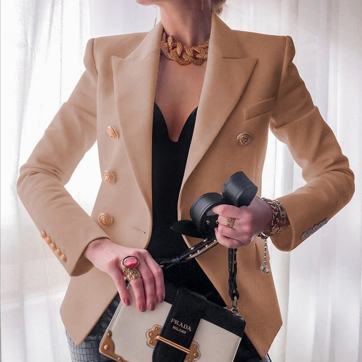 Classic women's double-breasted blazer, tailored fit, gold buttons. Versatile workwear, suitable for power dressing.
