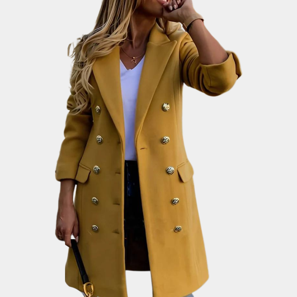 Women's tailored long trench coat with versatile button closure, perfect for classic autumn & spring fashion.