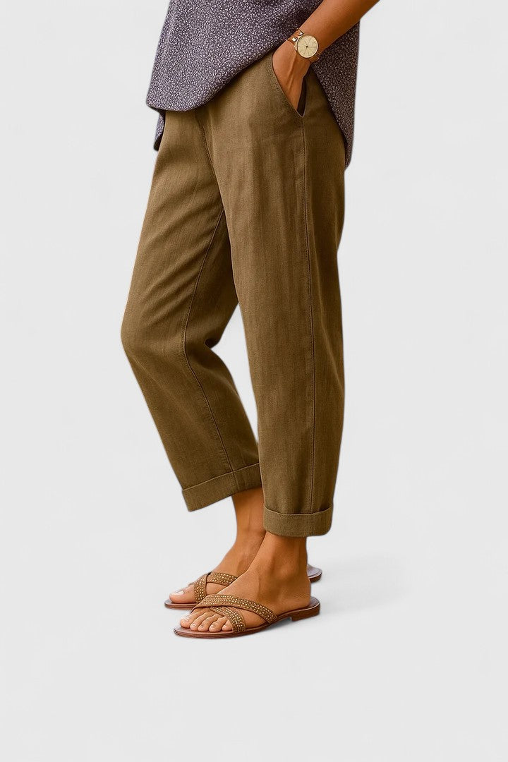 Elegant women's tailored straight leg pants featuring cuff hem & practical pockets. Ideal professional wear.