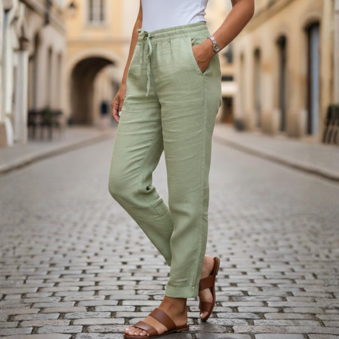 Women's tapered drawstring waist pants, ideal for summer & spring casual wear. Comfortable, relaxed fit trousers.