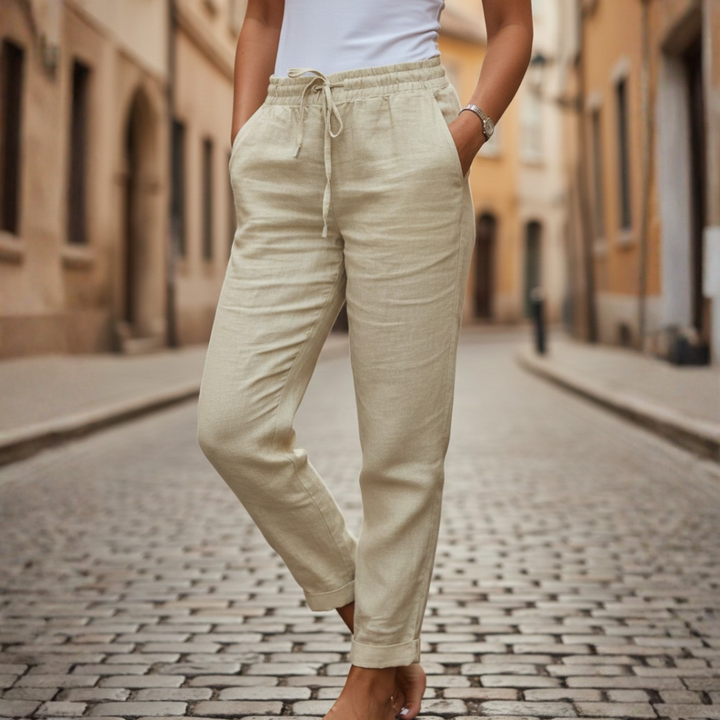 Comfortable women's summer pants with an elastic drawstring waist. Tapered casual trousers for daily wear.