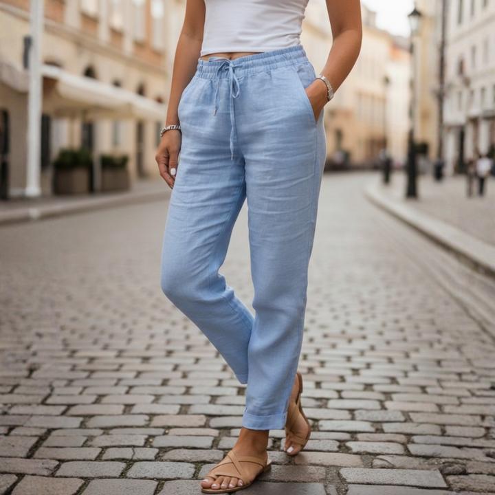 Lightweight women's tapered drawstring pants, perfect for warm weather. Comfortable elastic waist trousers.