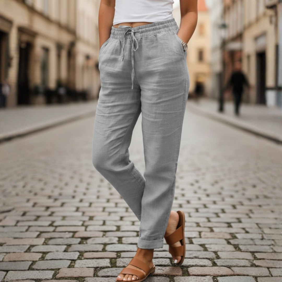 Women's casual tapered pants with drawstring & elastic waist, designed for comfortable summer & spring fashion.