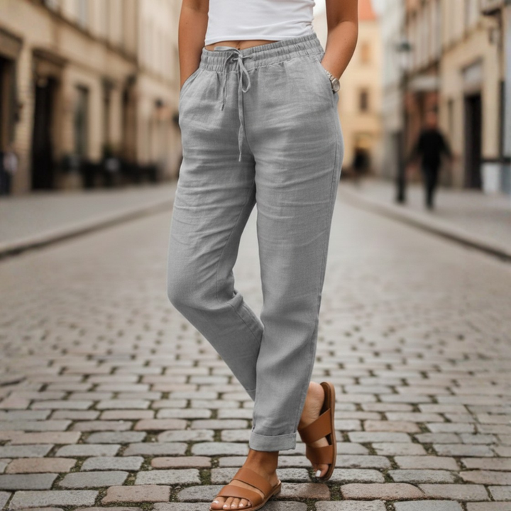 Women's casual tapered pants with drawstring & elastic waist, designed for comfortable summer & spring fashion.