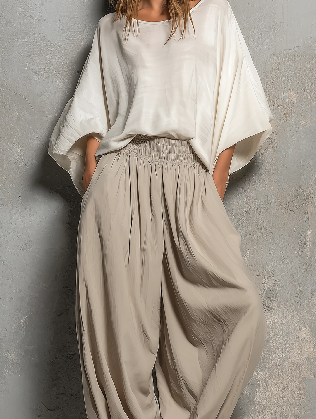 Comfortable taupe high waist wide leg harem pants for women. Versatile boho style, ideal for spring, summer & travel.