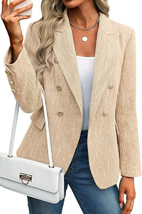 Classic women's double-breasted blazer. Textured fabric for office or chic layered looks with gold buttons.