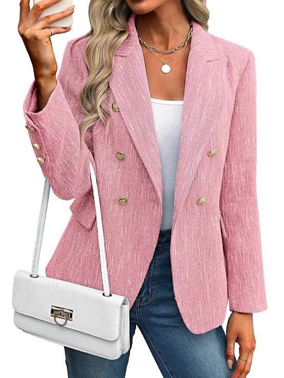 Women's textured double-breasted blazer with gold buttons, perfect for a chic layered look or stylish workwear.