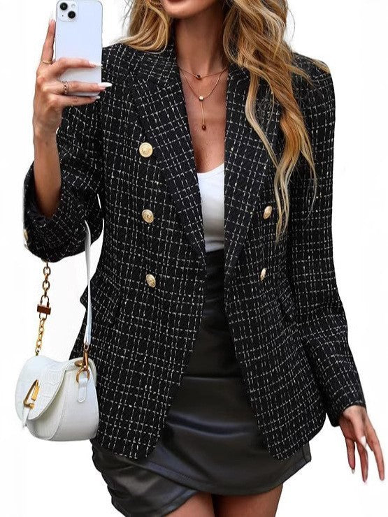 Stylish textured women's blazer featuring a double-breasted cut & eye-catching gold button details.