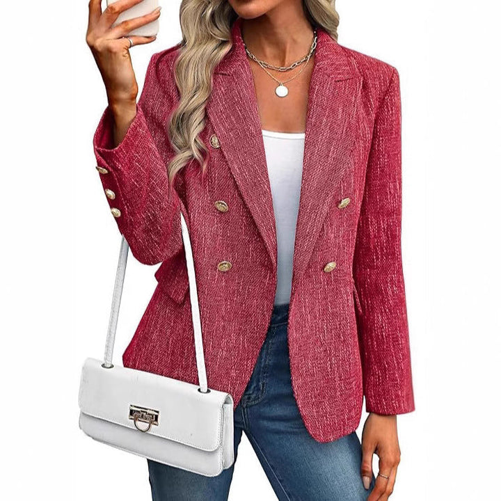 Sophisticated casual women's textured blazer. Double-breasted style with gleaming gold buttons. Stylish outerwear.