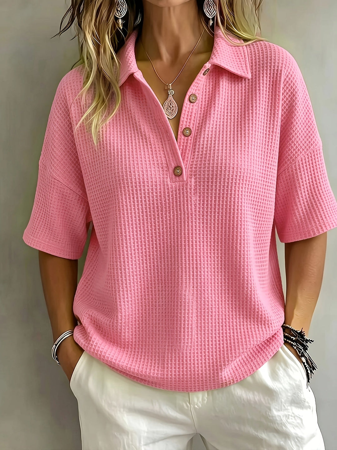 Women's textured polo top, relaxed fit for casual spring & summer style.