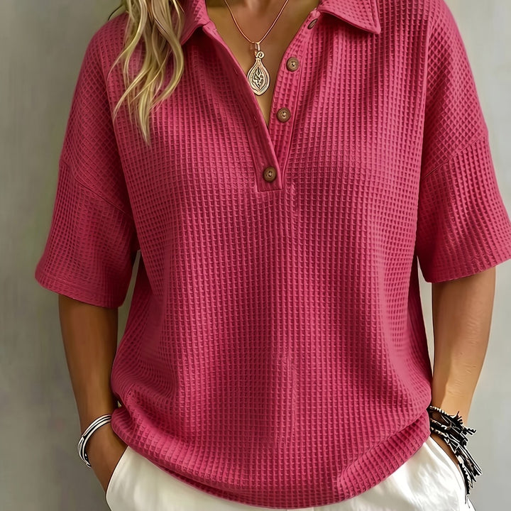 Casual women's polo shirt, soft textured material, perfect for summer & fall comfort.