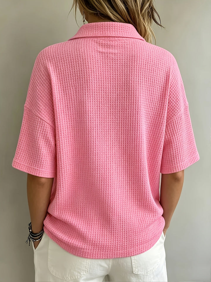 Women's casual textured polo, oversized fit for comfortable spring & summer days.