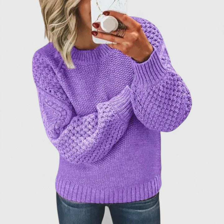 Cozy women's textured puff sleeve sweater. Warm pullover with mock neck, perfect for elegant autumn & winter outfits.