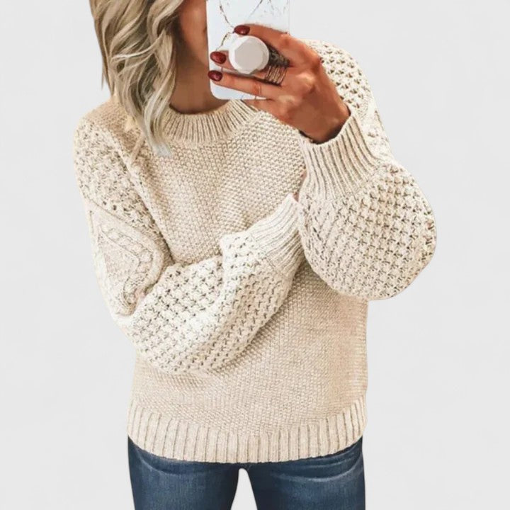 Stylish women's puff sleeve sweater with a unique texture. Mock neck pullover, great for versatile casual chic looks.