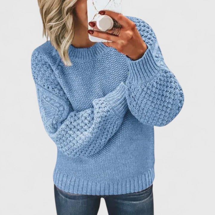 Autumn fashion: Women's textured puff sleeve sweater. Mock neck pullover, stylish & cozy for elegant winter wear.