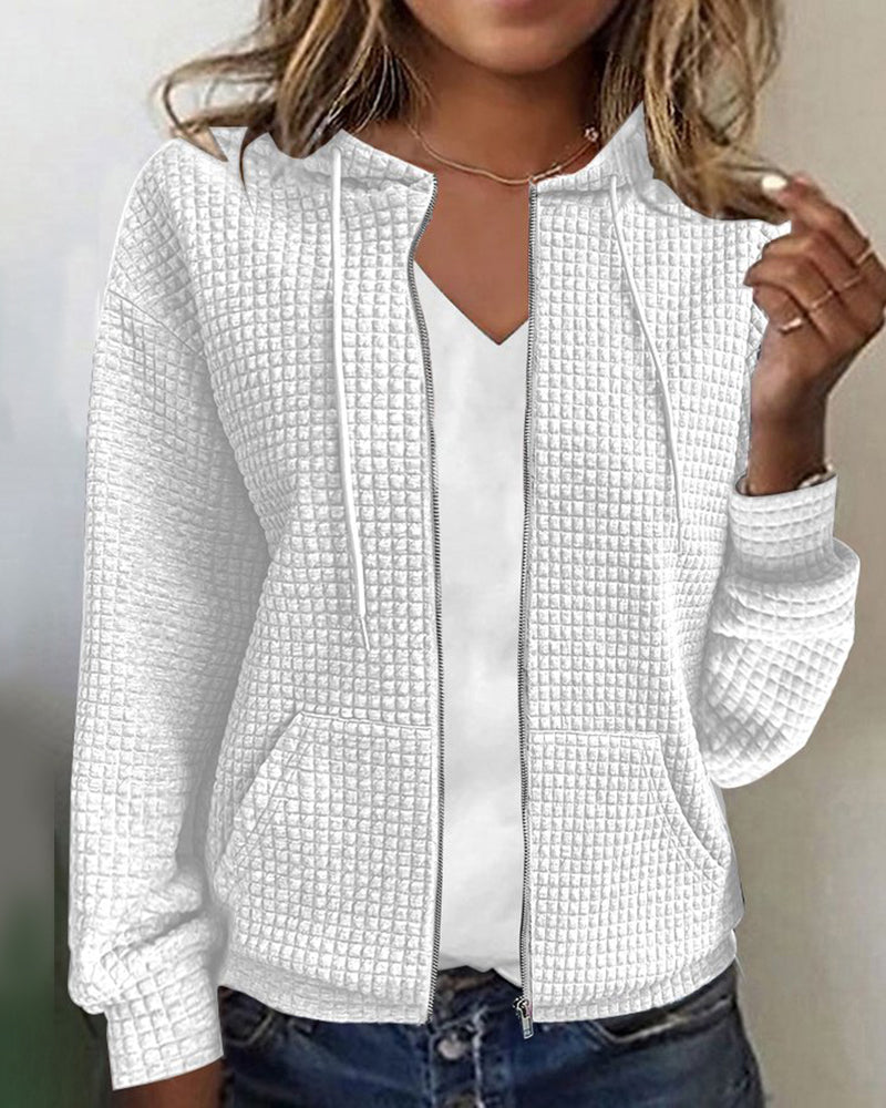 Gray women's textured zip-up hoodie jacket. Casual hooded top with front pockets for everyday style.