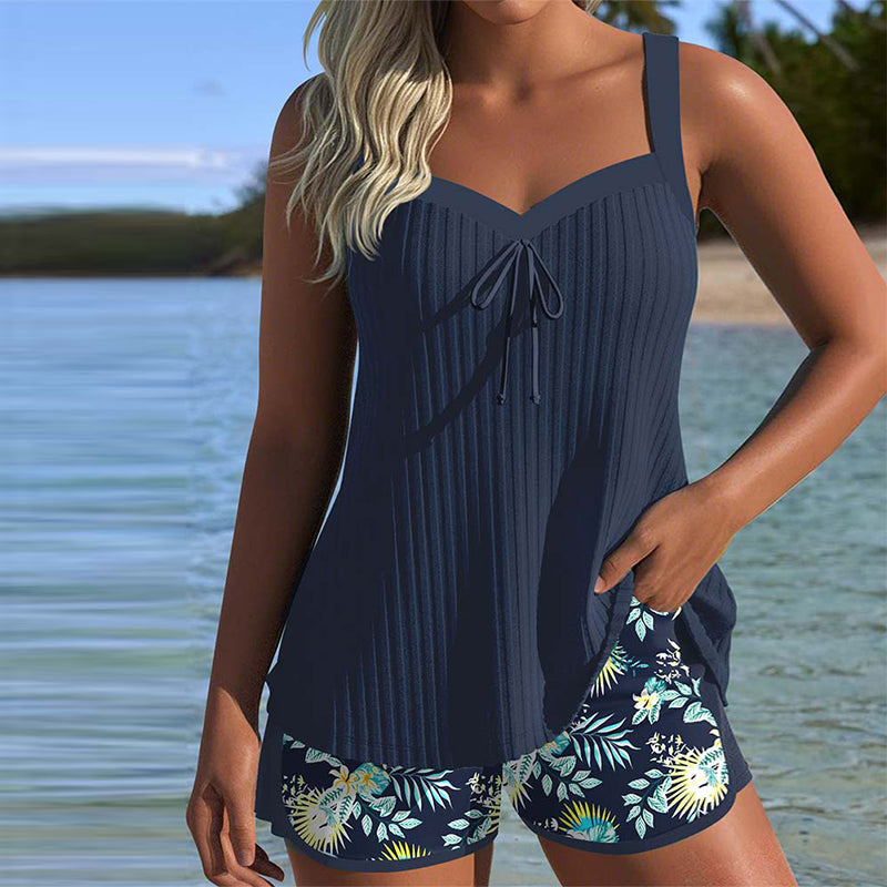 Women's tie front sweetheart tropical tankini swimsuit set with floral print top and matching boyshorts.